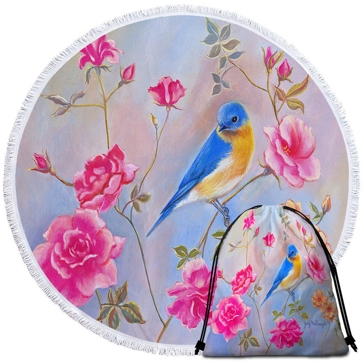 Art Painting Blue Bird in Roses Round Beach Towel