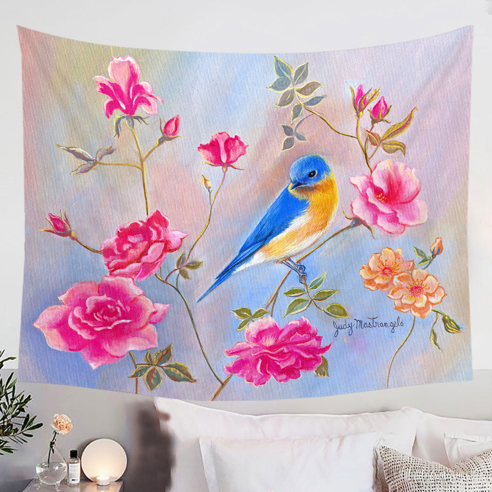 Art-Painting-Blue-Bird-in-Roses-Wall-Decor-Tapestry-Prints