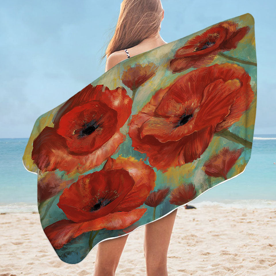 Art Painting Bold Red Poppies Microfiber Beach Towel