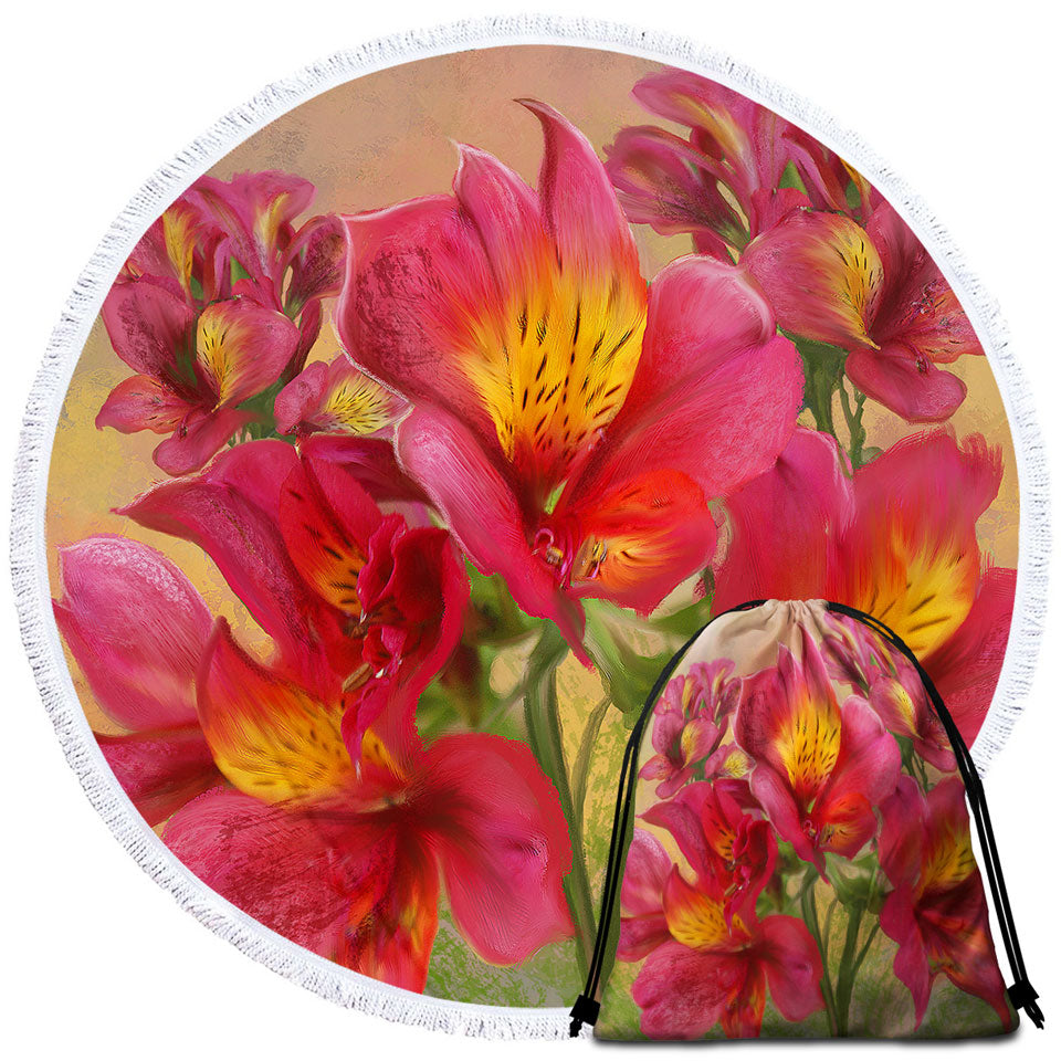 Art Painting Bright Orchids Flowers Round Beach Towel