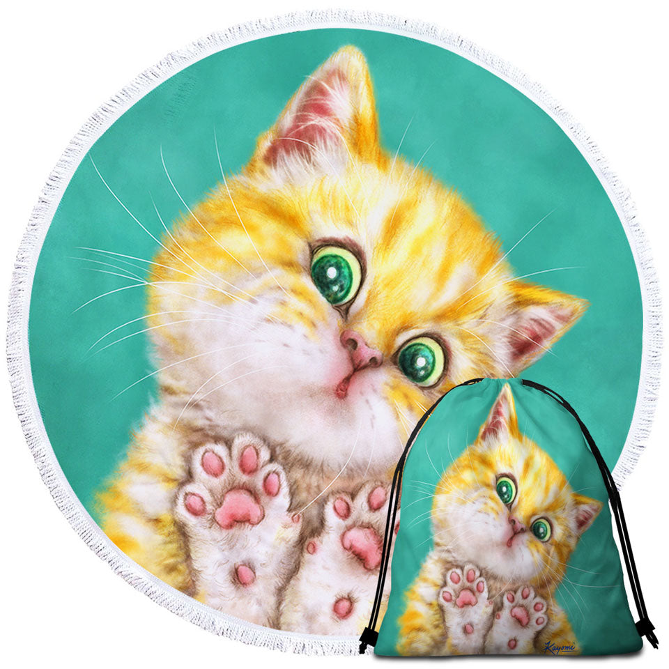 Art Painting Cats Cute Ginger Kitten Round Beach Towel