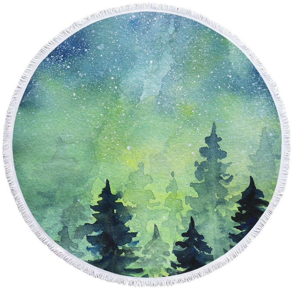 Art Painting Circle Beach Towel of Green Night Pine Forest