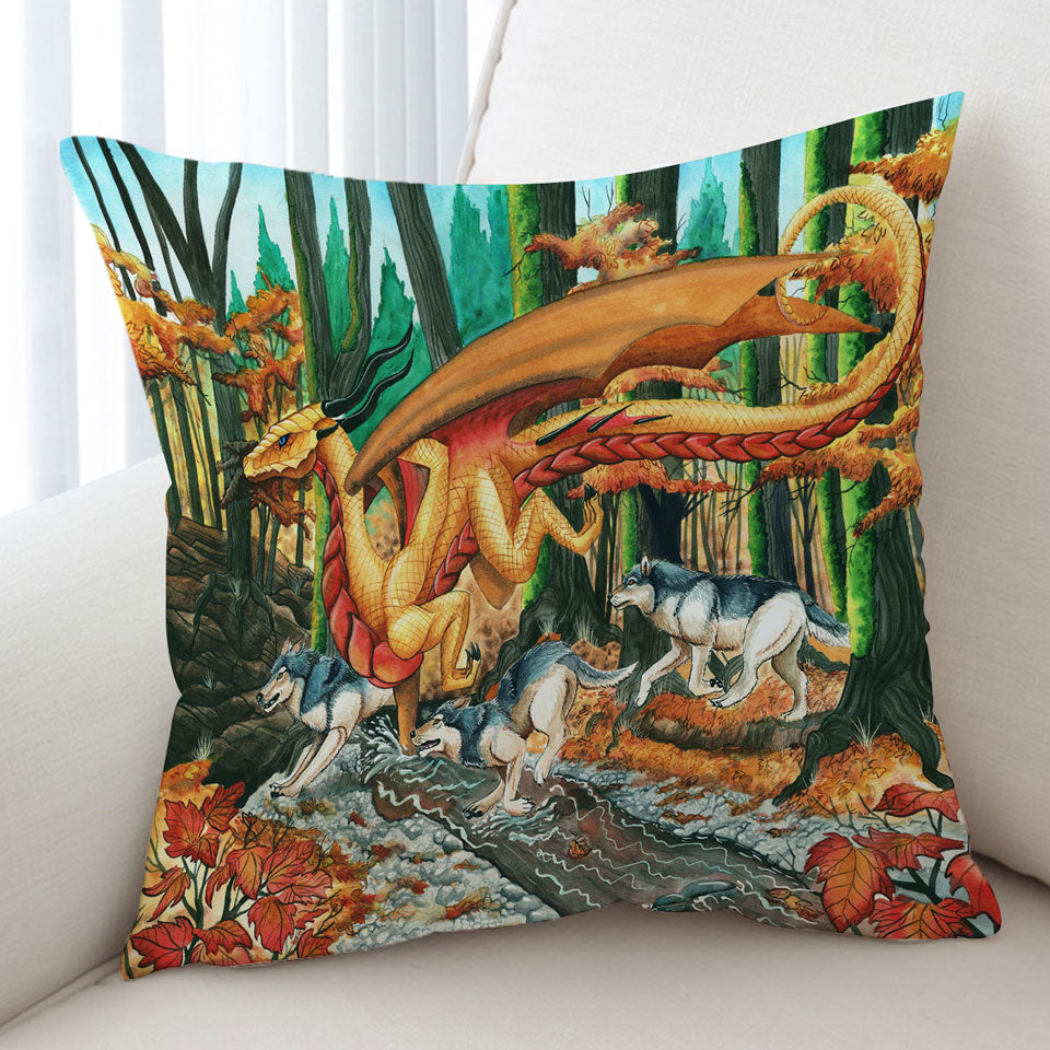 Art Painting Cushion Covers Fall Leaves Wolves and Dragon