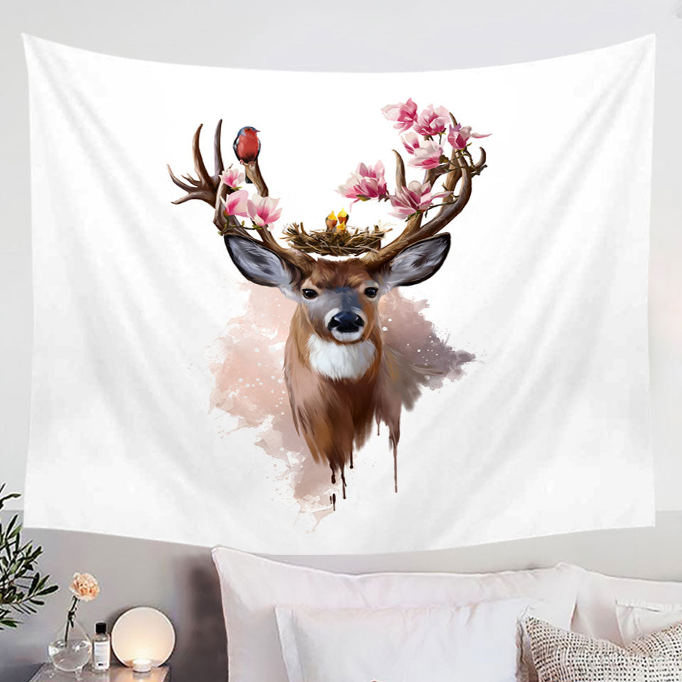 Art Painting Cute Birds Nest on Deer Antlers Wall Decor Tapestry