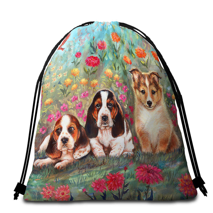 Art Painting Cute Dog Beach Towel Bags Puppies and Flowers