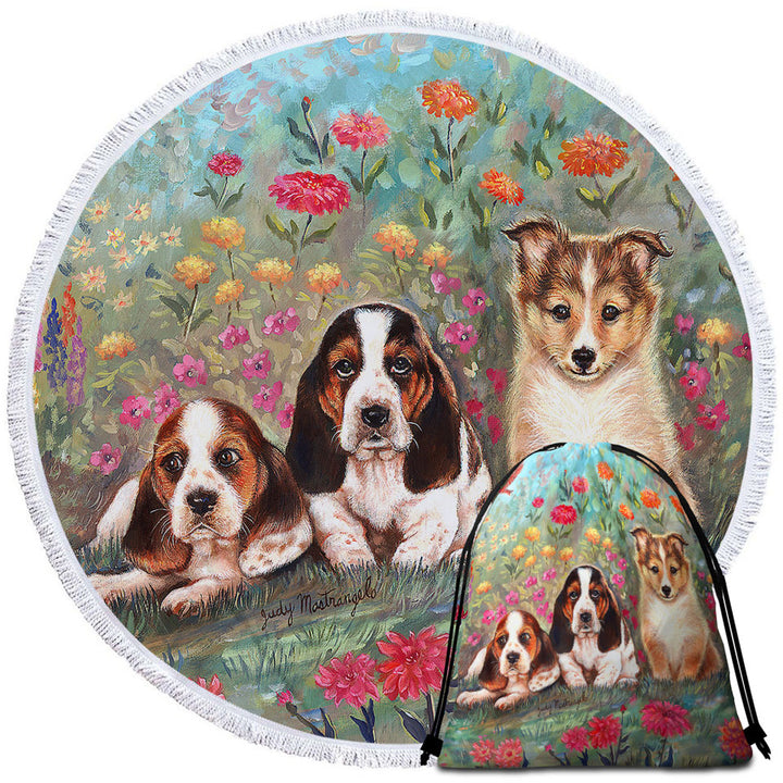 Art Painting Cute Dog Beach Towels Puppies and Flowers