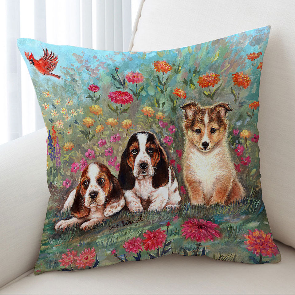 Art Painting Cute Dog Cushion Cover Puppies and Flowers