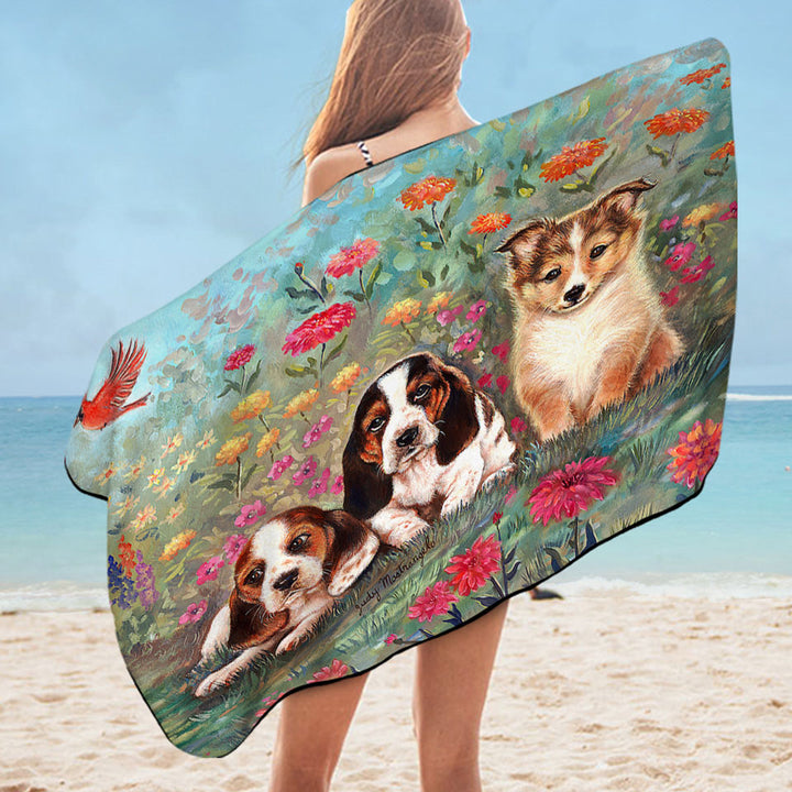 Art Painting Cute Dog Pool Towel Puppies and Flowers