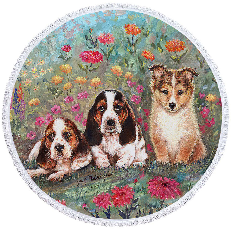 Art Painting Cute Dog Round Beach Towel Puppies and Flowers