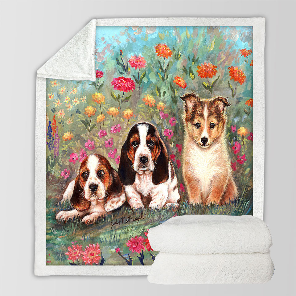 products/Art-Painting-Cute-Dog-Sherpa-Blanket-Puppies-and-Flowers