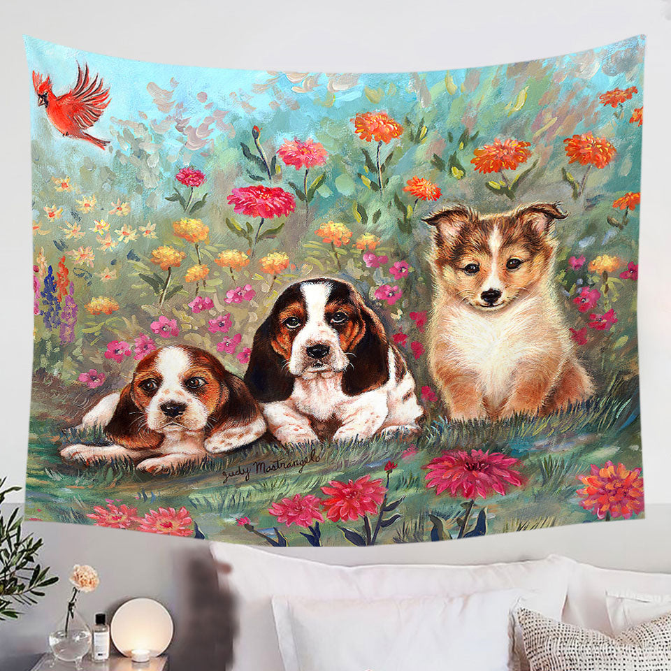 Art-Painting-Cute-Dog-Tapestry-Puppies-and-Flowers