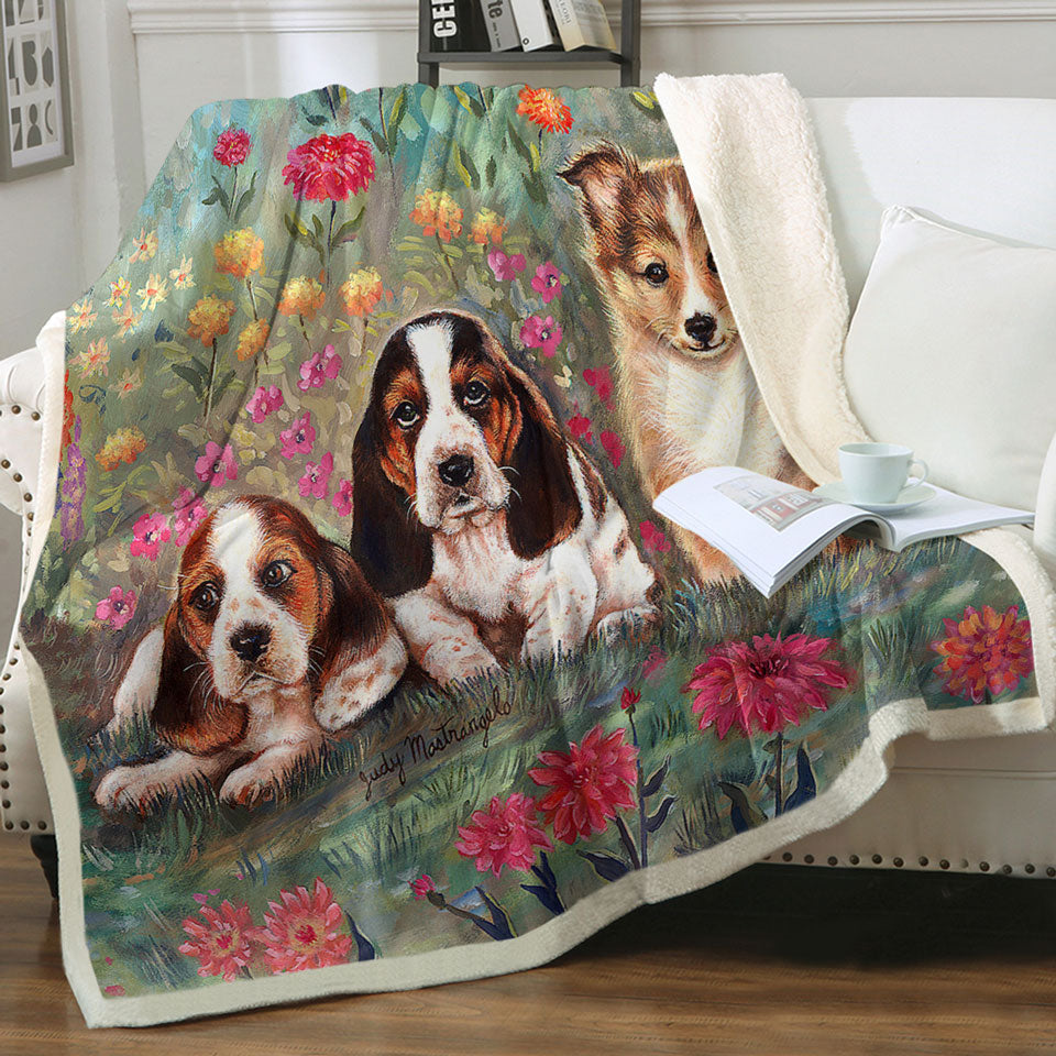 products/Art-Painting-Cute-Dog-Throw-Blanket-Puppies-and-Flowers
