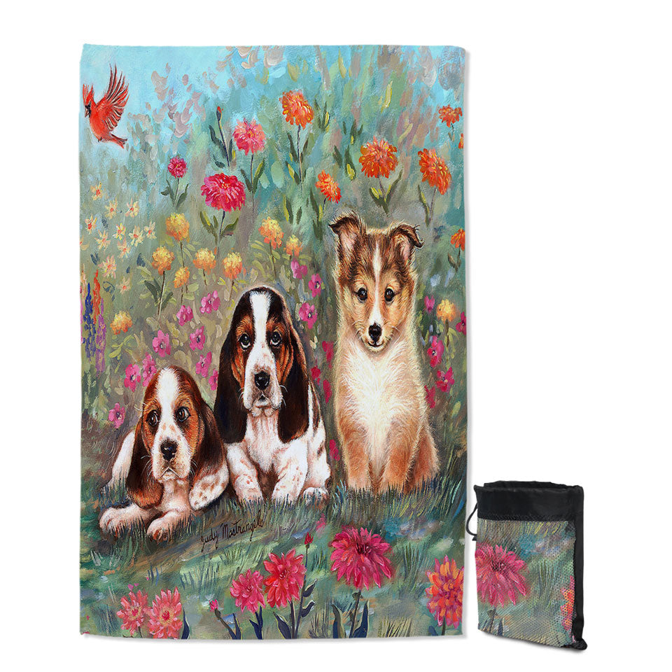 Art Painting Cute Dog Travel Beach Towel Puppies and Flowers
