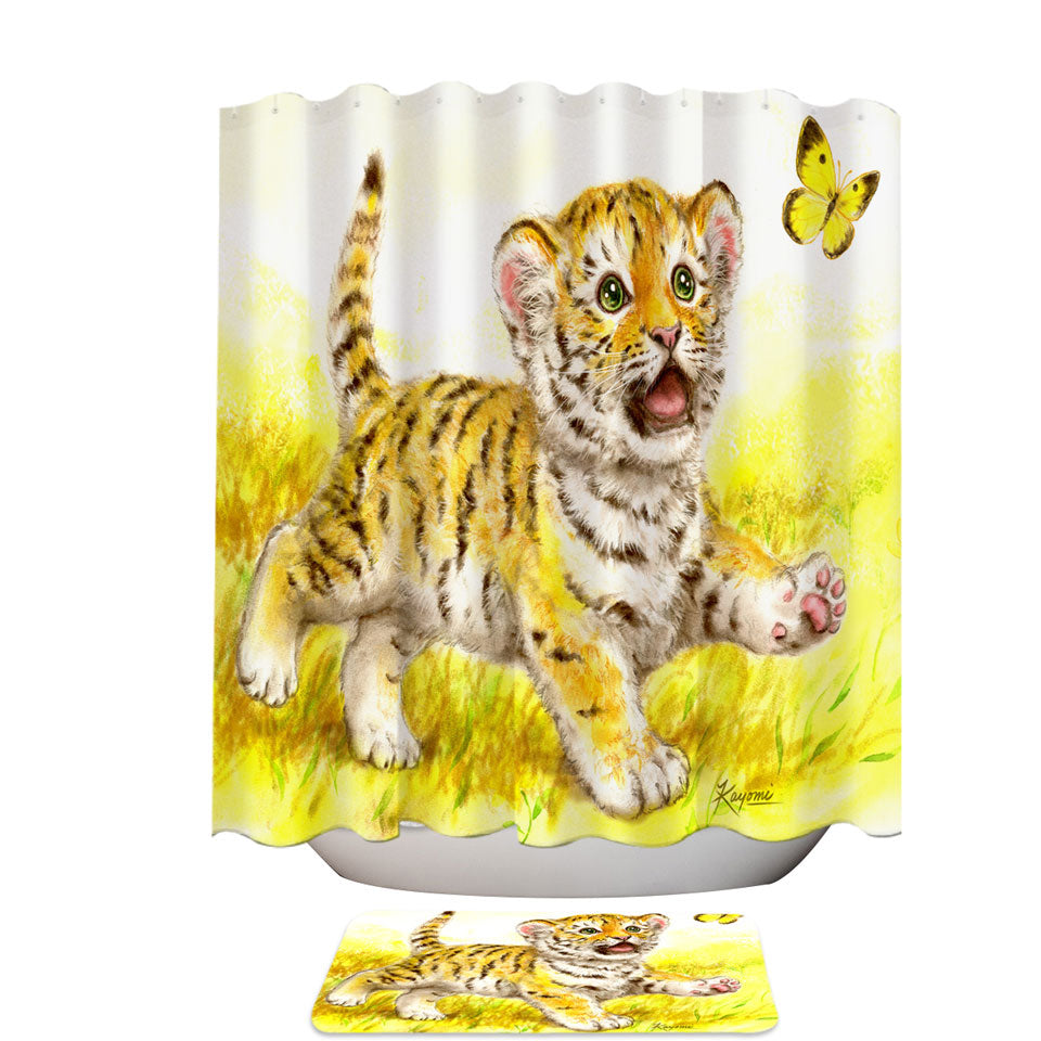 Art Painting Fabric Shower Curtains for Kids Butterfly and Baby Tiger Shower Curtain