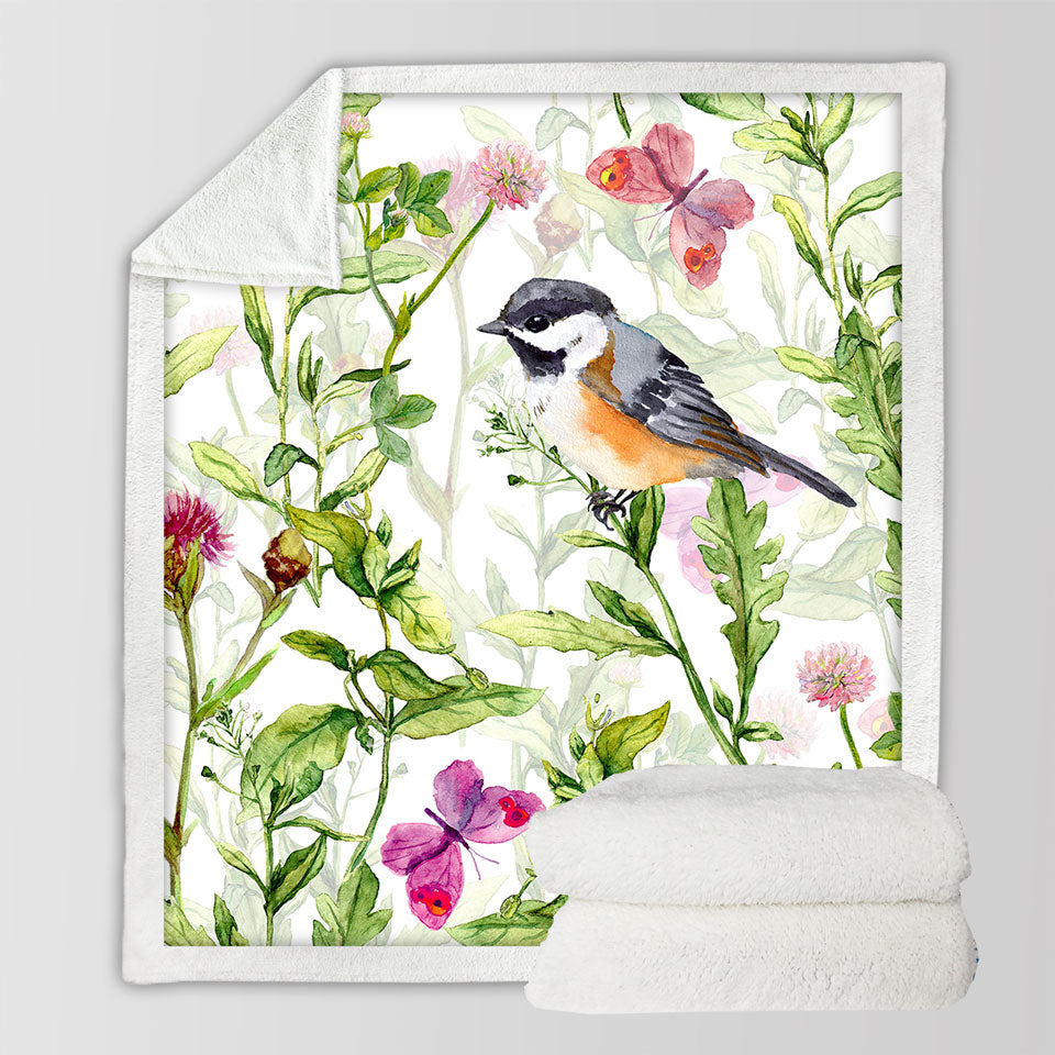 Art Painting Fleece Blankets Bird and Butterflies with Flowers