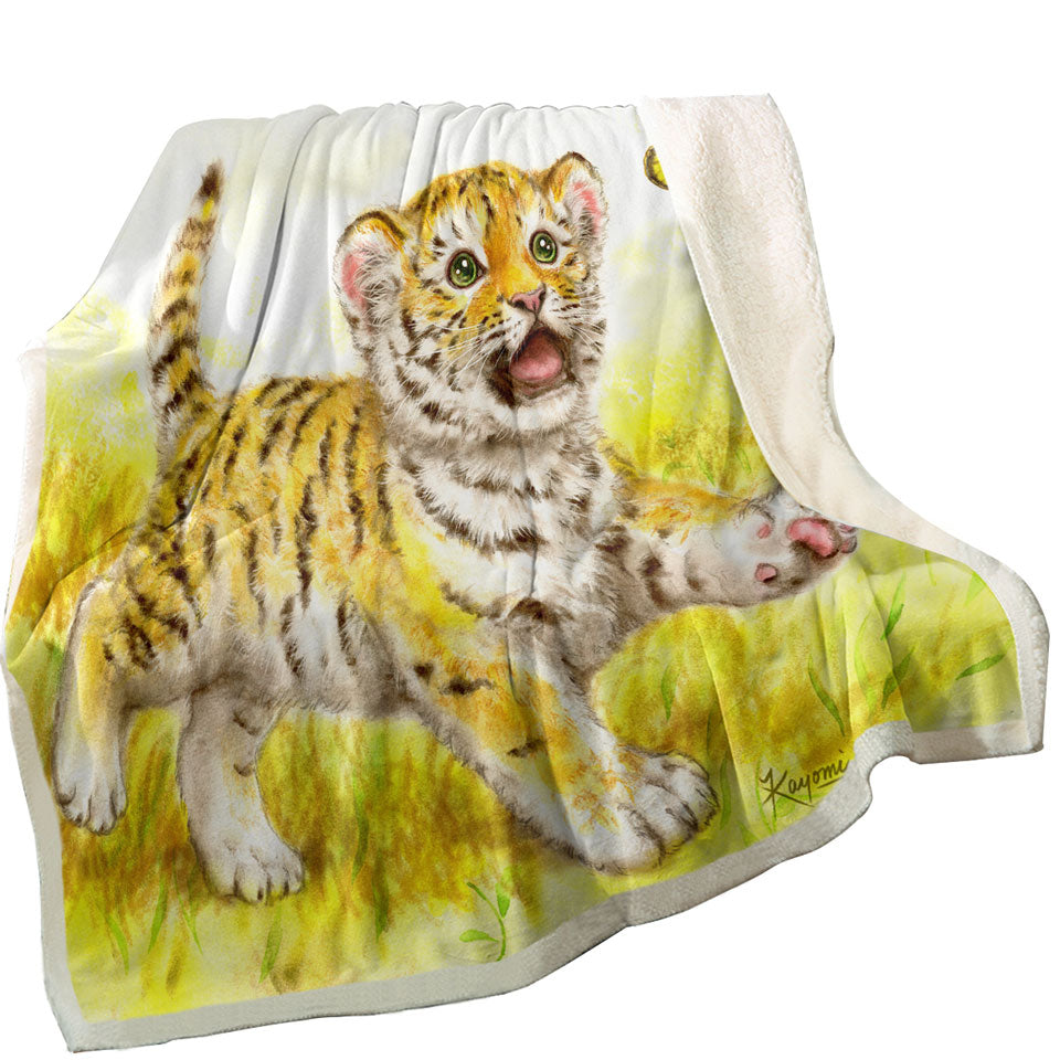 Art Painting Fleece Blankets for Kids Butterfly and Baby Tiger Throw Blanket