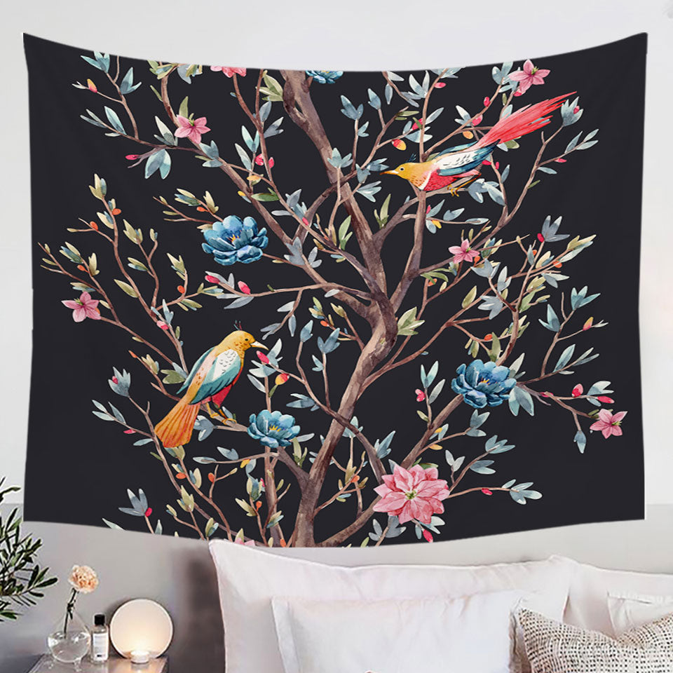 Art Painting Flowering Bird Tree Tapestry