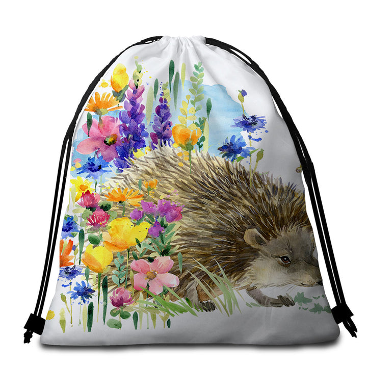 Art Painting Flowers and Cute Hedgehog Beach Towel Bags