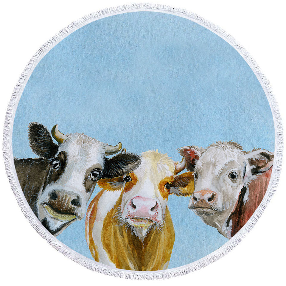 Art Painting Friendly Cows Round Beach Towel