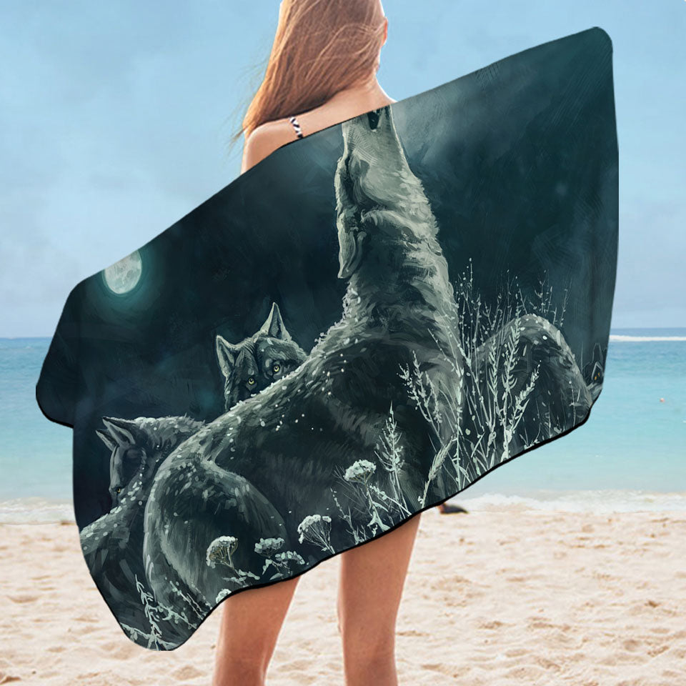 Art Painting Full Moon Wolf Microfiber Beach Towel