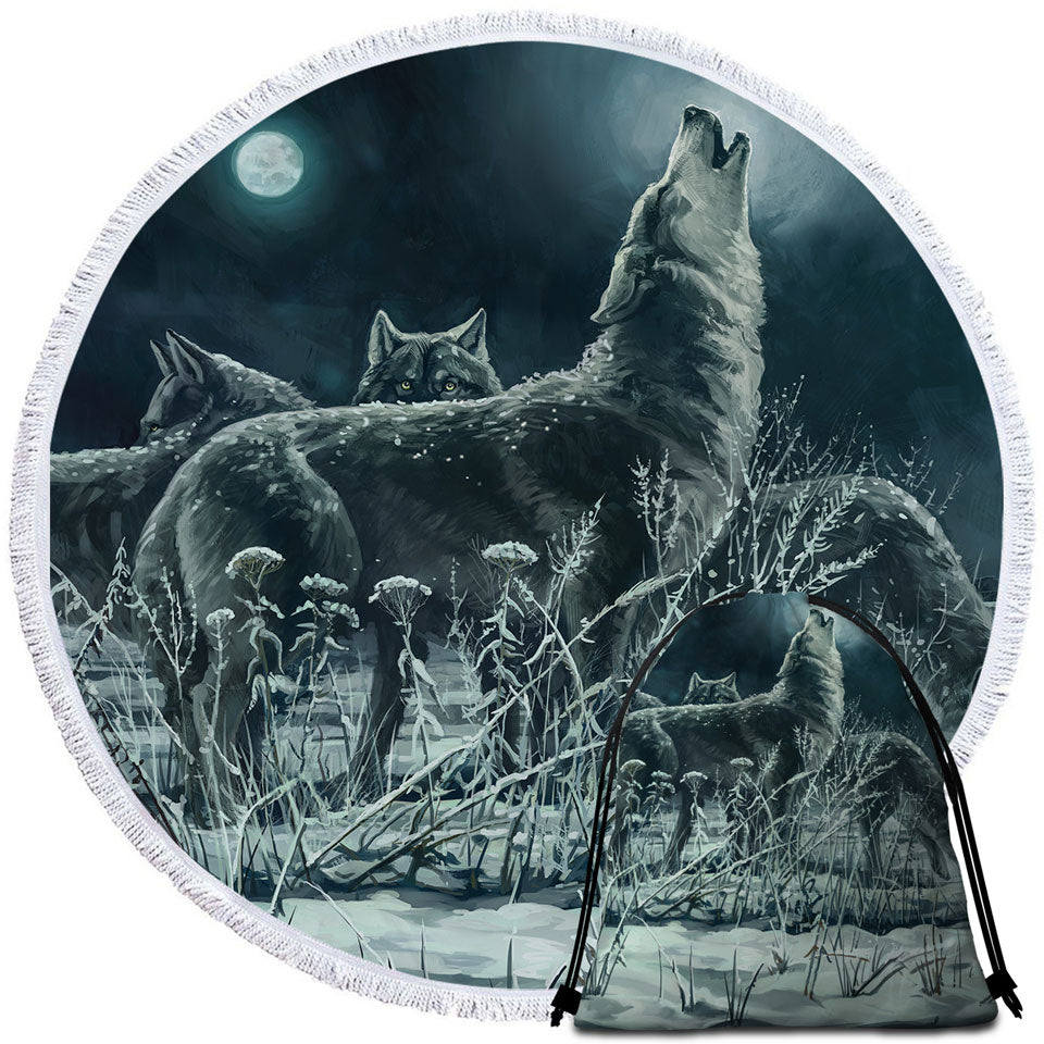 Art Painting Full Moon Wolf Round Beach Towels for Guys