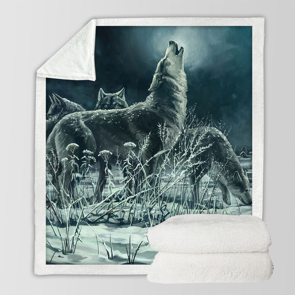 Art Painting Full Moon Wolf Sherpa Blankets for Men