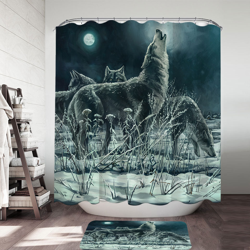 Art Painting Full Moon Wolf Shower Curtain