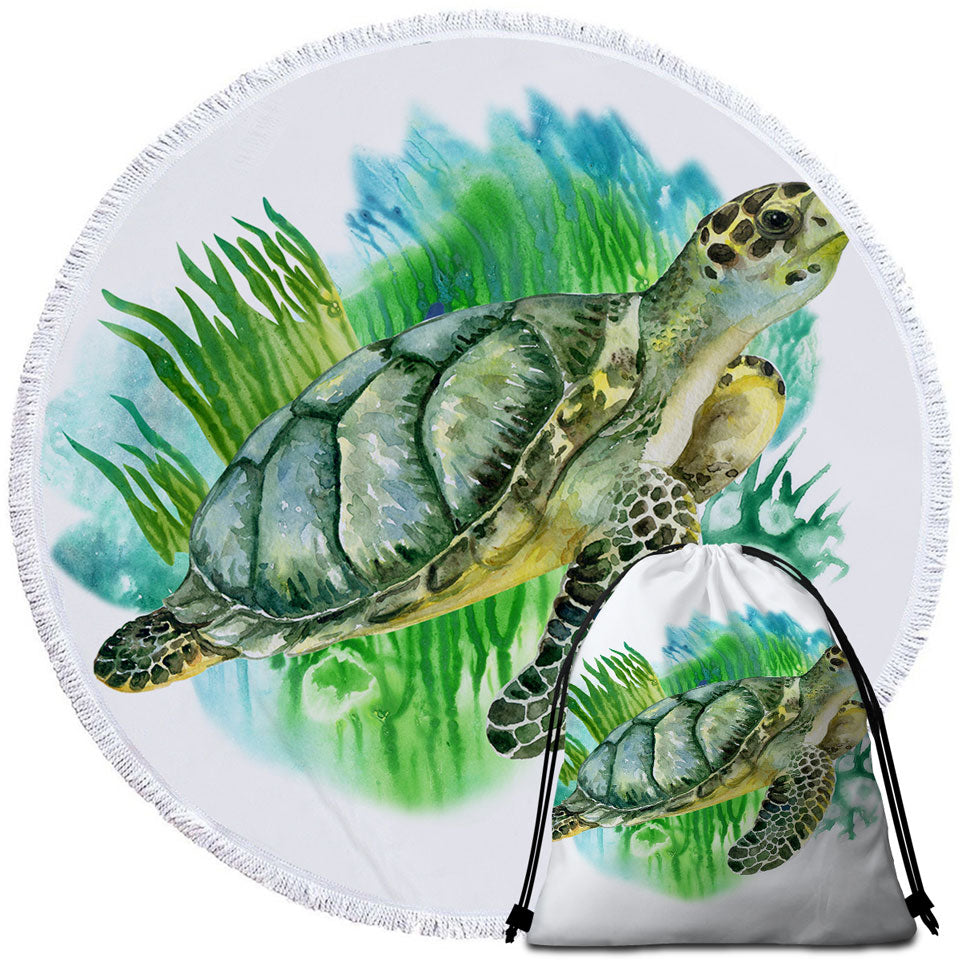 Art Painting Green Turtle Round Towel