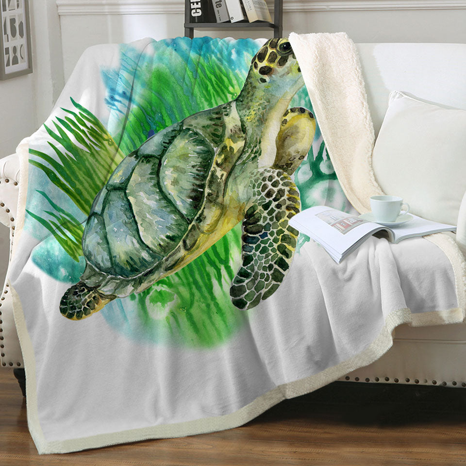 Art Painting Green Turtle Sherpa Blanket