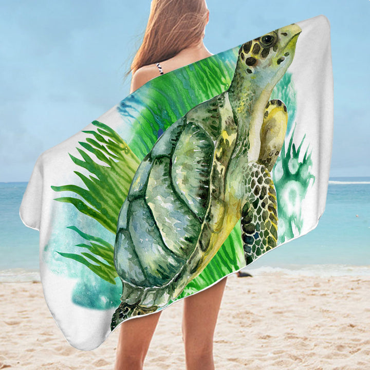Art Painting Green Turtle Unique Beach Towels