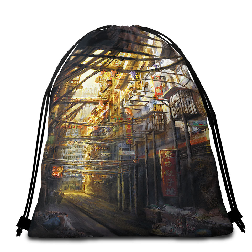 Art Painting Kowloon City Beach Towels and Bags Set