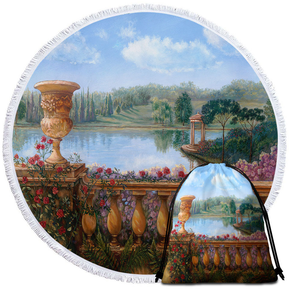 Art Painting Lake Beach Towels and Bags Set Behind a Floral Balustrade