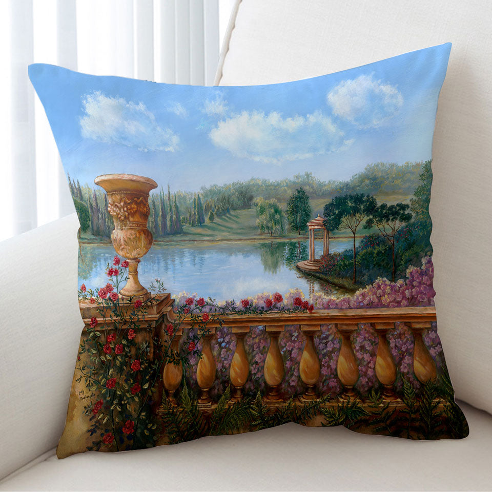 Art Painting Lake Decorative Pillows Behind a Floral Balustrade