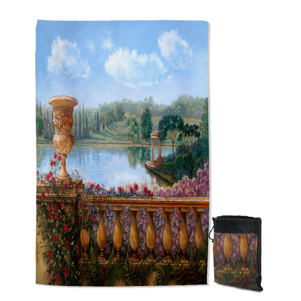Art Painting Lake Quick Dry Beach Towel Behind a Floral Balustrade