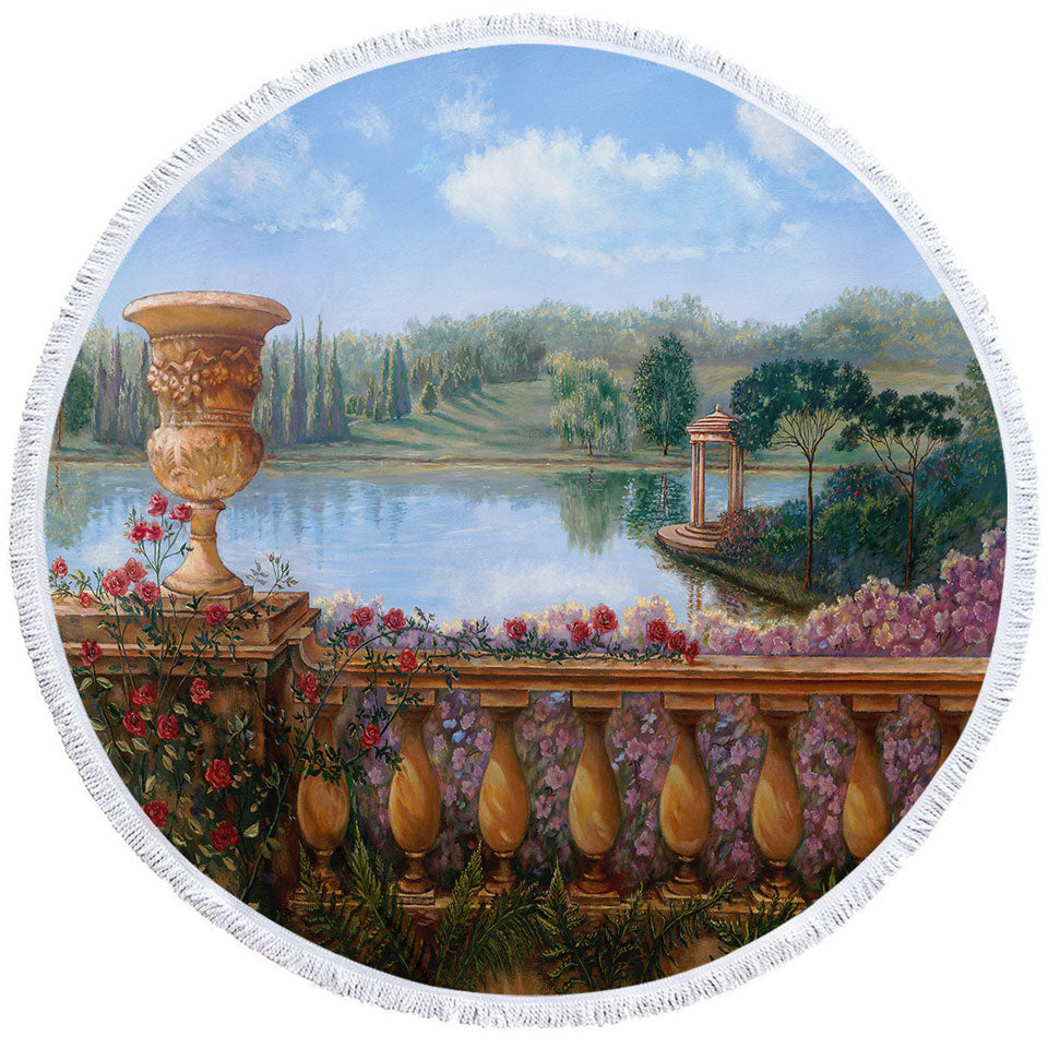 Art Painting Lake Round Beach Towel Behind a Floral Balustrade