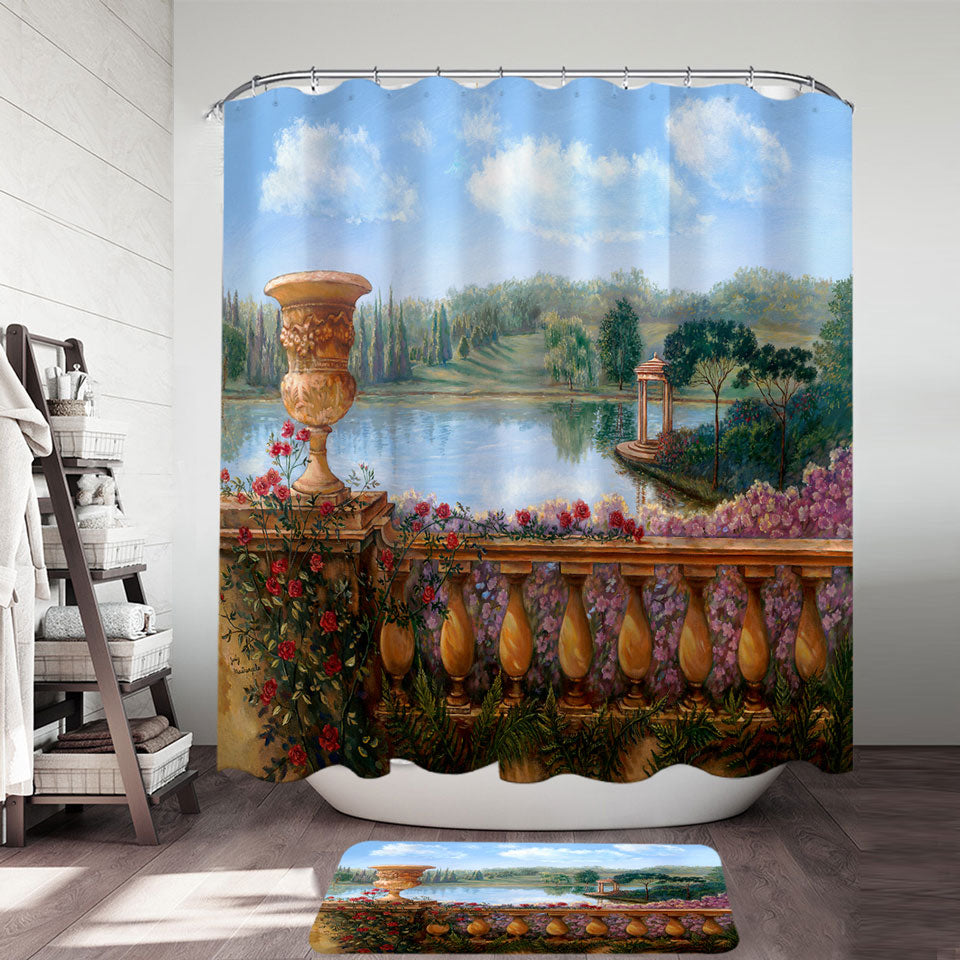 Art Painting Lake Shower Curtain Behind a Floral Balustrade