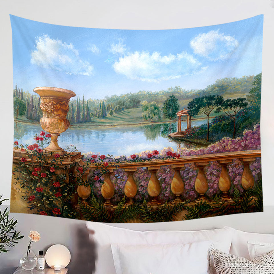 Art-Painting-Lake-Tapestry-Wall-Decor-Behind-a-Floral-Balustrade