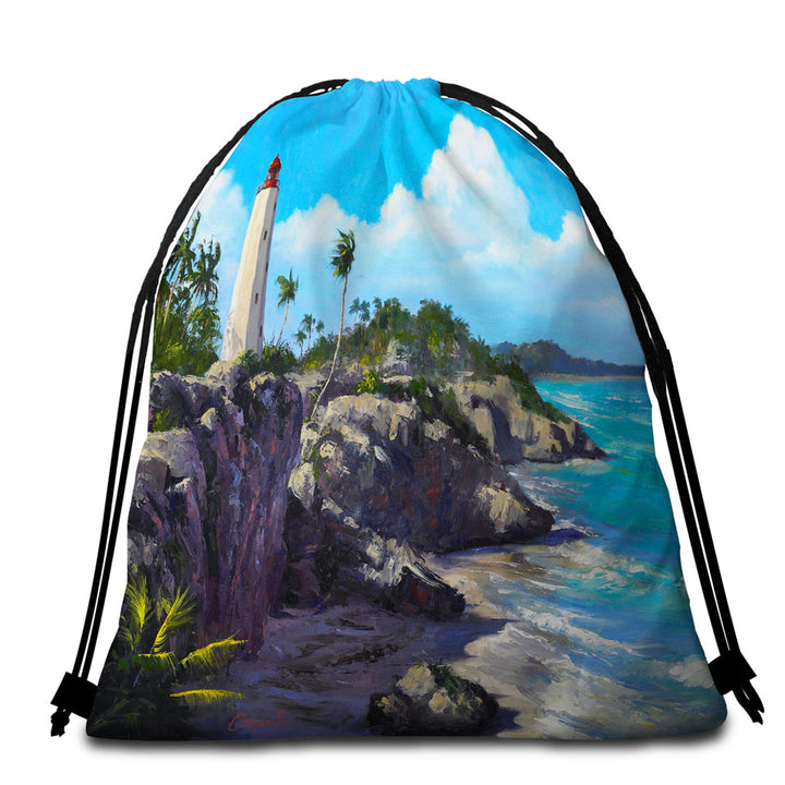 Art Painting Lighthouse Beach Towel Bags Ocean Coastal Splendor
