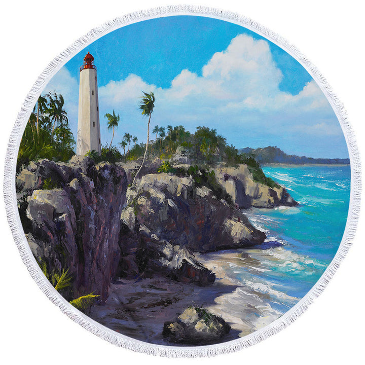 Art Painting Lighthouse Round Beach Towel Ocean Coastal Splendor