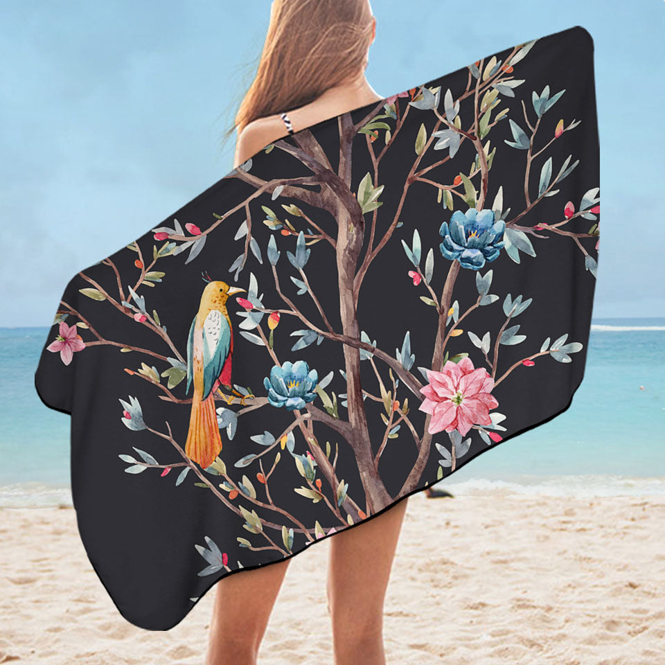 Art Painting Lightweight Beach Towel Flowering Bird Tree