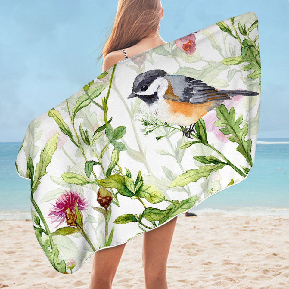 Art Painting Nice Beach Towels Bird and Butterflies with Flowers