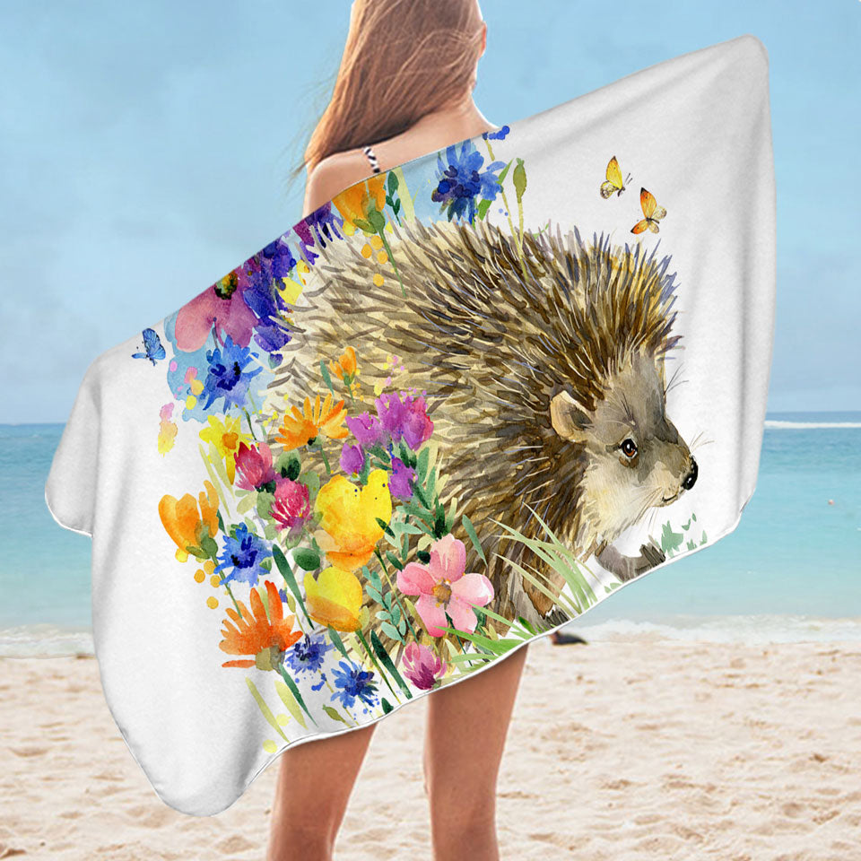 Art Painting Pool Towels Flowers and Cute Hedgehog