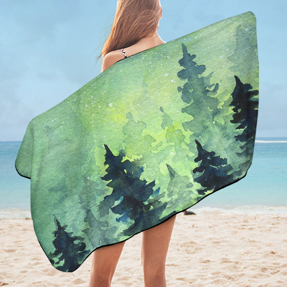 Art Painting Pool Towels of Green Night Pine Forest
