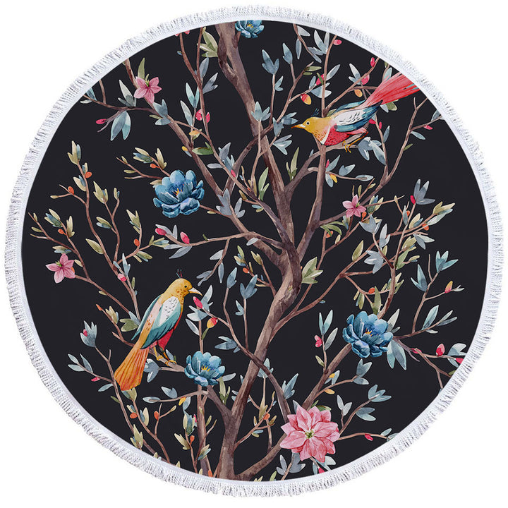 Art Painting Round Beach Towel Flowering Bird Tree