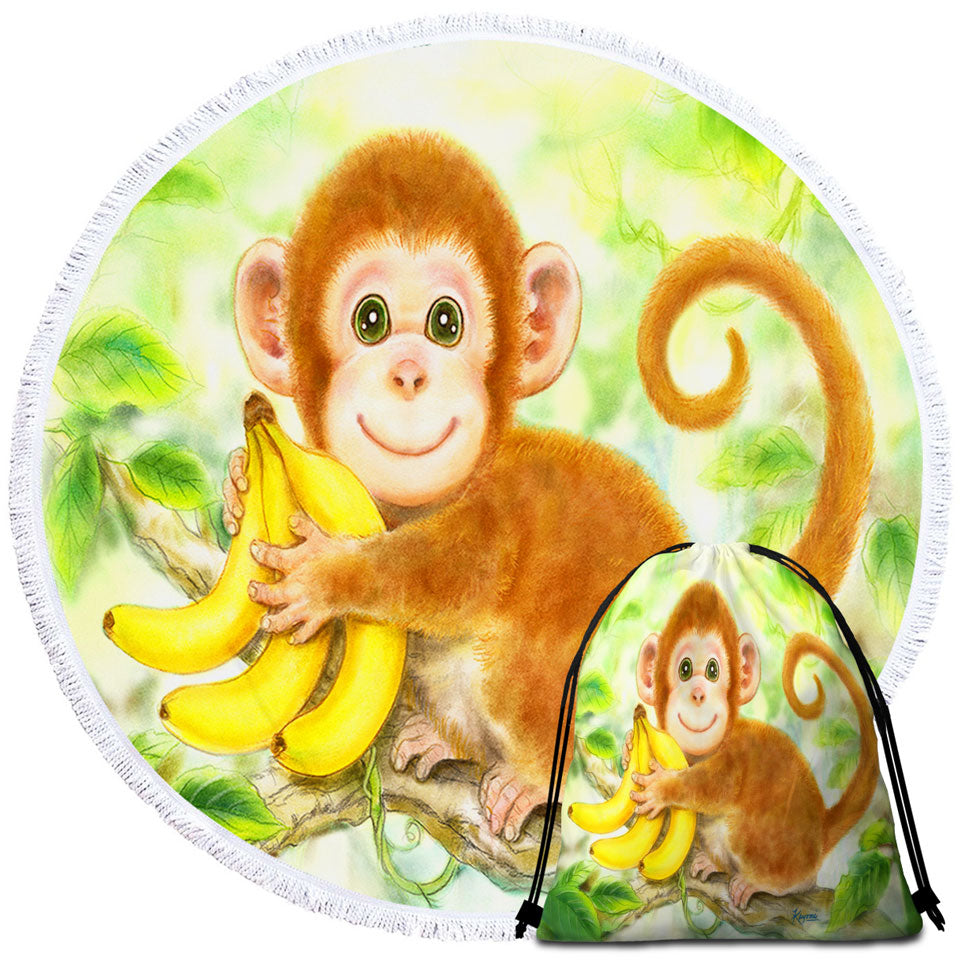 Art Painting Round Beach Towel for Kids Baby Monkey