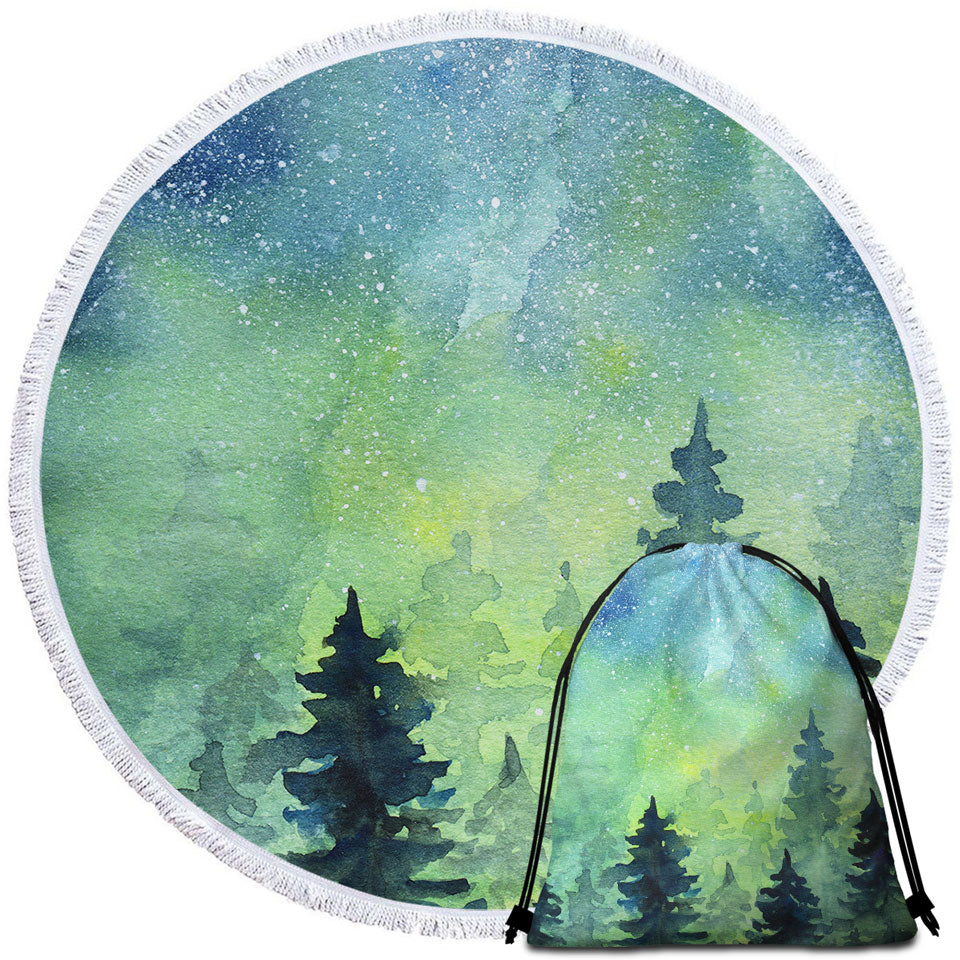 Art Painting Round Beach Towel of Green Night Pine Forest