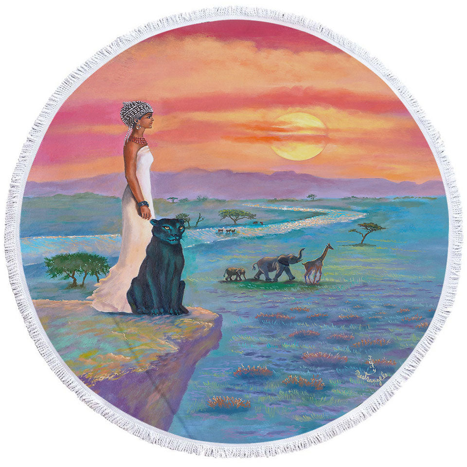 Art Painting Round Beach Towel the landscape of Africa Animals and African Queen