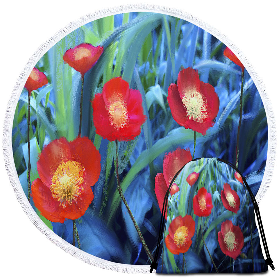 Art Painting Round Towel Bright Poppies Flowers