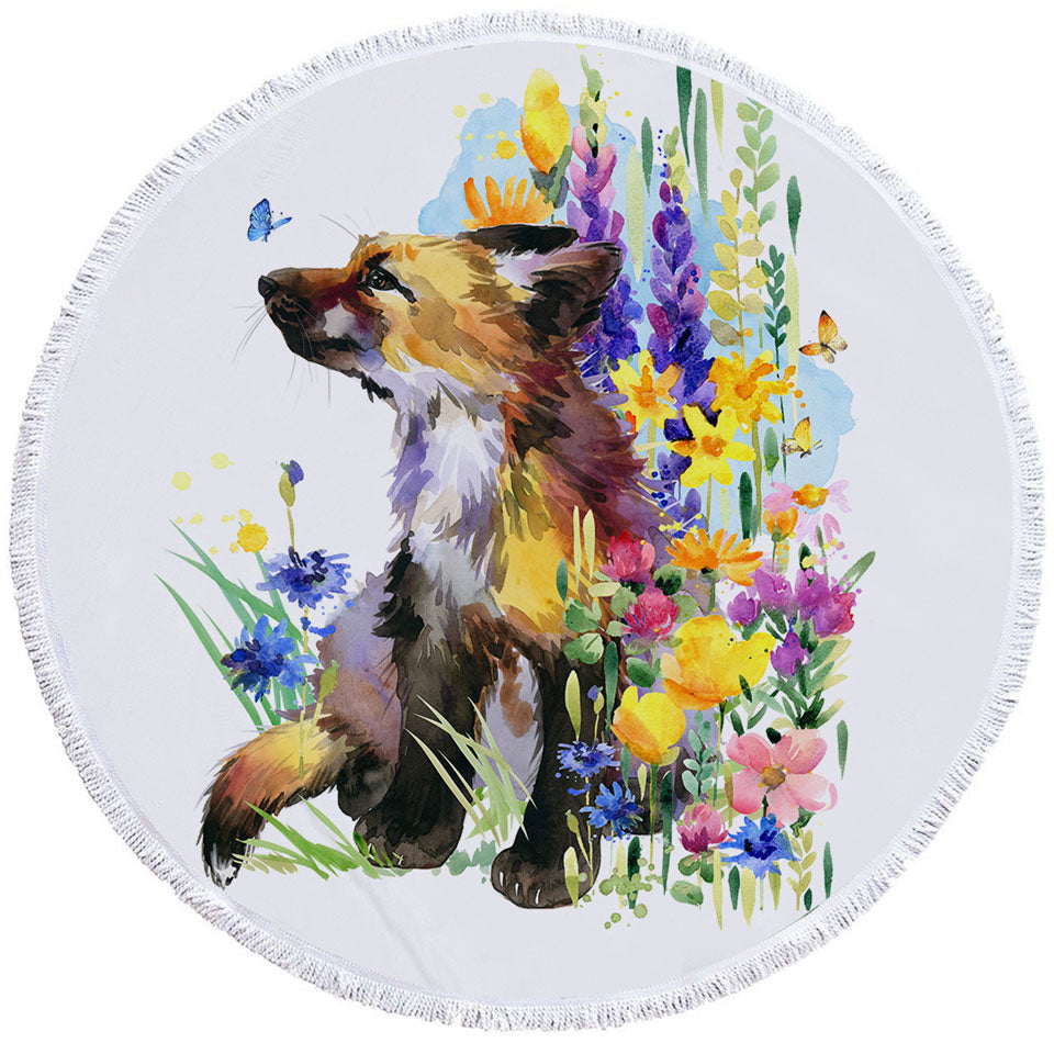 Art Painting Round Towel Flowers and Cute Fox