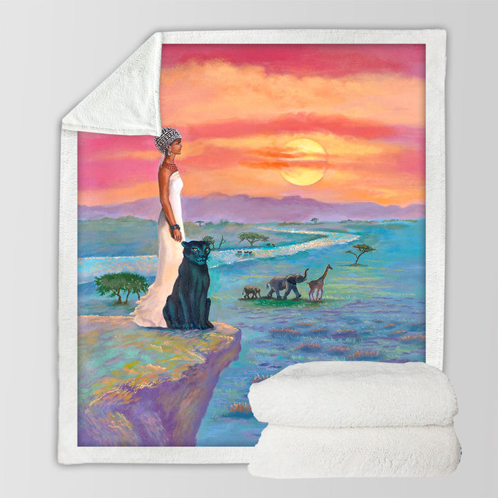 Art Painting Sherpa Blanket the landscape of Africa Animals and African Queen
